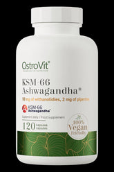 OstroVit KSM-66 Ashwagandha 120 veg capsules with withanolides for stress support and mental wellness.